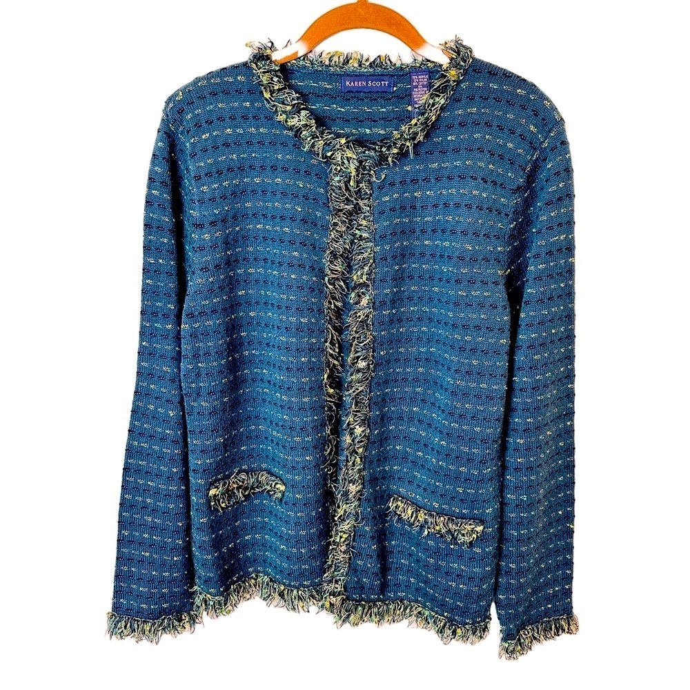 Vintage Karen Scott Ladies Jacket Sweater‎ with Fringe Trim M